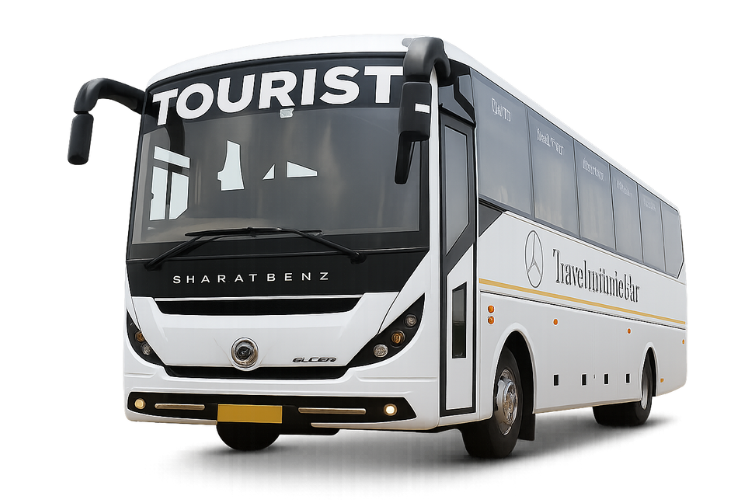BharatBenz 26 Seater, dark gray, front-side view